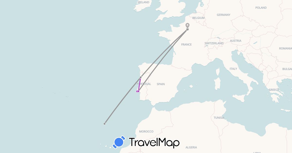 TravelMap itinerary: driving, plane, train in France, Portugal (Europe)